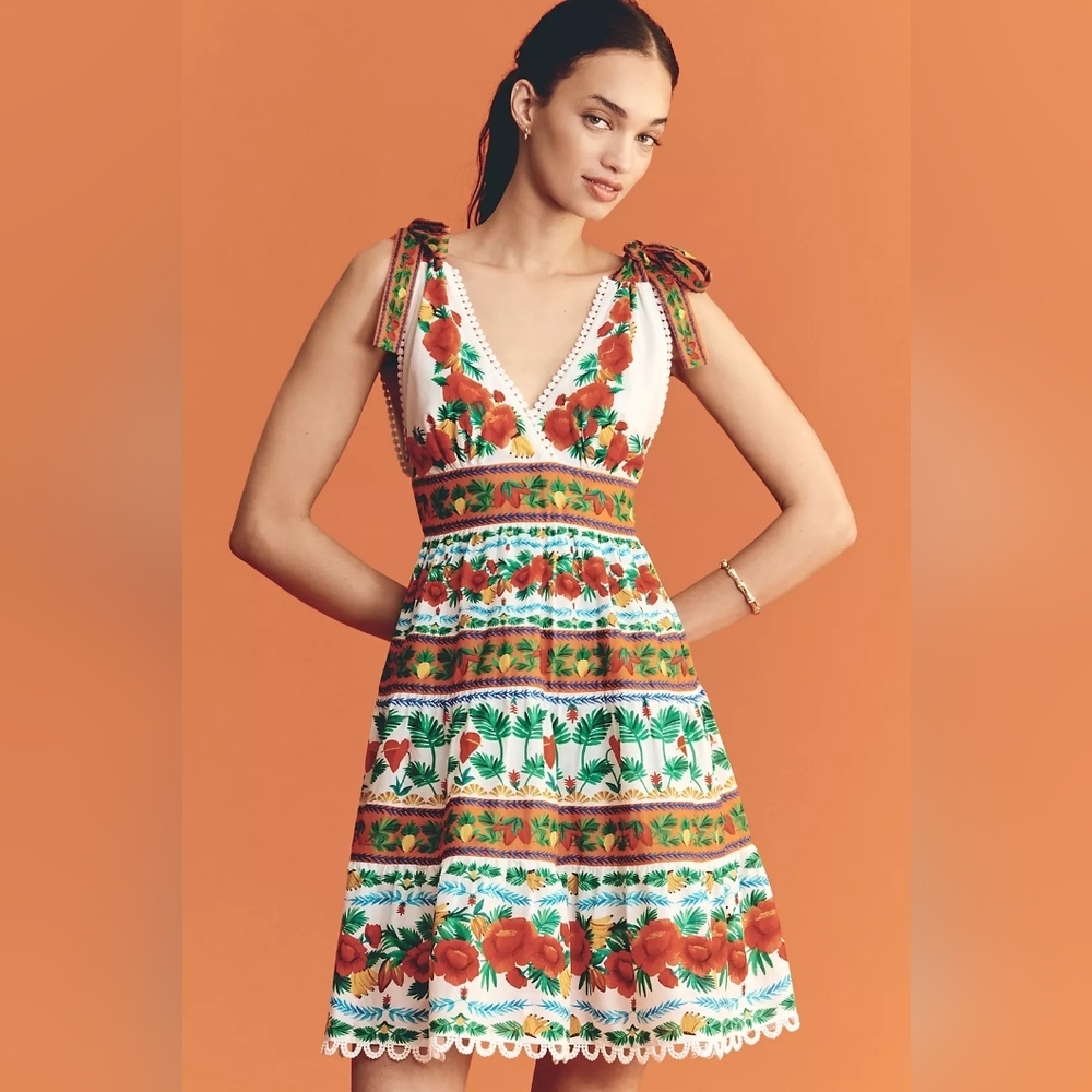 Farm Rio x Anthropologie V Neck Tiered Mini Dress Size XXS Floral Tie Shoulders - Picture 2 of 6